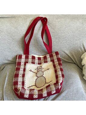 Snowman Embroidered Red Checkered Tote Bag With Double Handles Spacious Interior